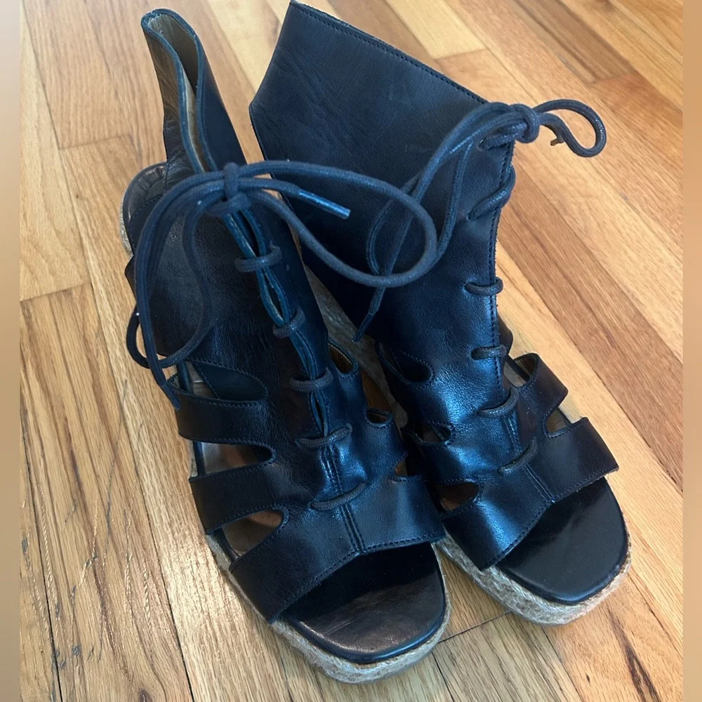 Black Leather Lace-Up Wedge‎ Sandals